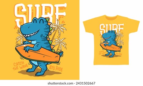 Dinosaur with Surfboard t shirt art fashion designs.