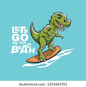 Dinosaurier surfen cooler T-Shirt-Druck im Sommer. Dino Surfbrett auf großer Welle. Slogan. T-rex Beach lustiges Kind tragen Illustration. Typografie-Mode für tropische Meeressurfer