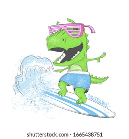 Dinosaur surfer ride the wave, on surfboard. Vector illustration.