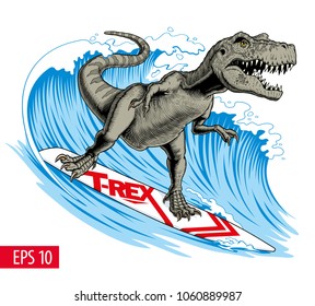 Dinosaur Surfer Ride The Wave. Tyrannosaurus Or T. Rex On Surfboard. Vector Illustration.