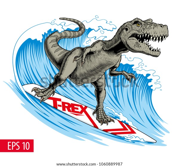 恐竜のサーファーが波に乗る ティラノサウルスかt サーフボード上のレックス ベクターイラスト のベクター画像素材 ロイヤリティフリー