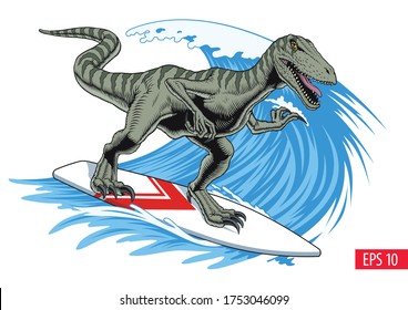 Dinosaurier reiten die Welle. Velociraptor dino auf Surfbrett. Vektorgrafik.