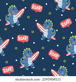 Dinosaur surfing hand drawn pattern designs for print on fabric and other uses