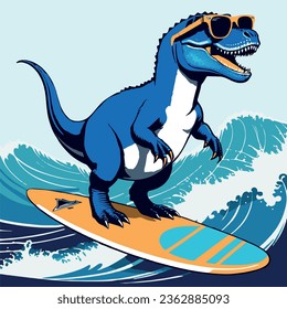 Dinosaur Surfing on High Sea with Sunglasses, Vibrant Illustration