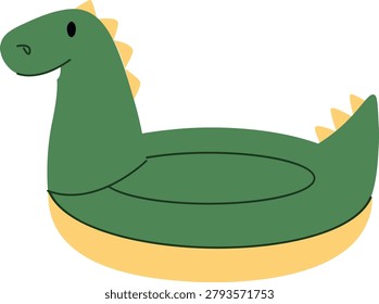 Dinosaur swim ring with long neck, spikes, and inflatable tube in clean cartoon style. Symbol of summer fun, vacation leisure, water play, and kids pool toys. Cartoon vector illustration.