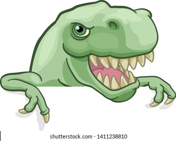 A dinosaur T Rex cartoon character peeking over a sign and pointing