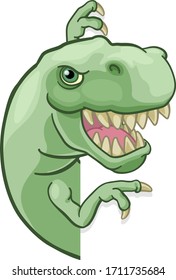 A dinosaur T Rex cartoon character peeking around a sign and pointing