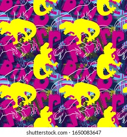 Dinosaur T rex color creative hand drawn seamless pattern. Roar, dino lettering on grunge backdrop. Prehistoric creature skeleton doodles background. Tyrannosaurus wallpaper, wrapping paper design