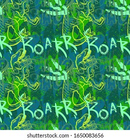 Dinosaur T rex color creative hand drawn seamless pattern. Roar, dino lettering on grunge backdrop. Prehistoric creature skeleton doodles background. Tyrannosaurus wallpaper, wrapping paper design