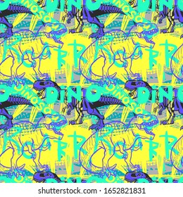 Dinosaur T rex color creative hand drawn seamless pattern. Roar, dino lettering on grunge backdrop. Prehistoric creature skeleton doodles background. Tyrannosaurus wallpaper, wrapping paper design