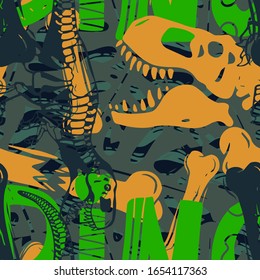 Dinosaur T rex color creative hand drawn seamless pattern. Roar, dino lettering on grunge backdrop. Prehistoric creature skeleton doodles background. Tyrannosaurus wallpaper, wrapping paper design