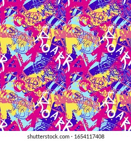 Dinosaur T rex color creative hand drawn seamless pattern. Roar, dino lettering on grunge backdrop. Prehistoric creature skeleton doodles background. Tyrannosaurus wallpaper, wrapping paper design