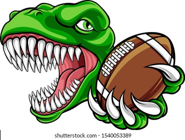 A dinosaur T Rex or raptor American Football player cartoon animal sports mascot holding a ball in its claw