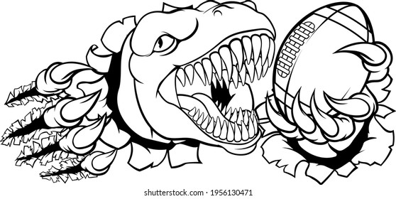 A Dinosaur T Rex Or Raptor American Football Player Cartoon Animal Sports Mascot Holding A Ball In Its Claw