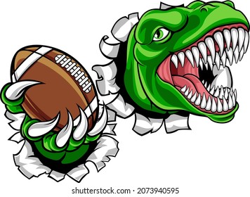 A dinosaur T Rex or raptor American Football player cartoon animal sports mascot holding a ball in its claw