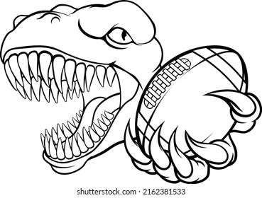 A dinosaur T Rex or raptor American Football player cartoon animal sports mascot holding a ball in its claw