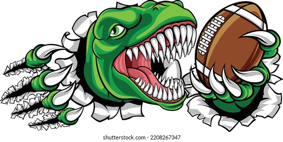 A Dinosaur T Rex Or Raptor American Football Player Cartoon Animal Sports Mascot Holding A Ball In Its Claw