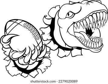 A dinosaur T Rex or raptor American Football player cartoon animal sports mascot holding a ball in its claw