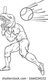 A dinosaur T Rex or Raptor baseball player cartoon animal mascot swinging a bat at a fast ball