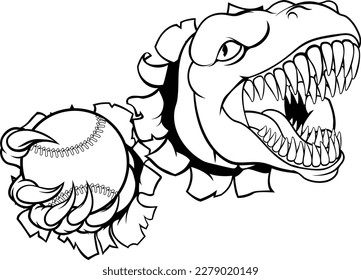 A dinosaur T Rex or raptor baseball player cartoon animal sports mascot holding a ball in its claw