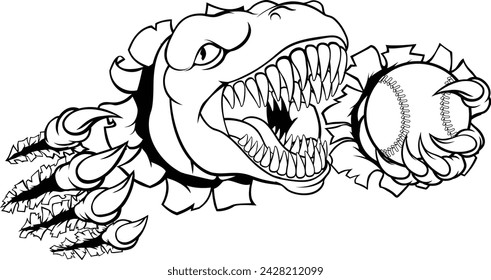 A dinosaur T Rex or raptor baseball player cartoon animal sports mascot holding a ball in its claw