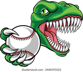 A dinosaur T Rex or raptor baseball player cartoon animal sports mascot holding a ball in its claw