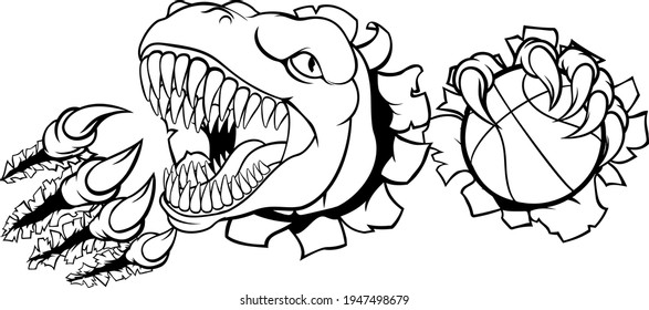 A dinosaur T Rex or raptor basketball player cartoon animal sports mascot holding a ball in its claw