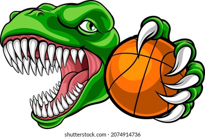 A dinosaur T Rex or raptor basketball player cartoon animal sports mascot holding a ball in its claw