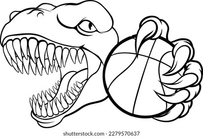 A dinosaur T Rex or raptor basketball player cartoon animal sports mascot holding a ball in its claw