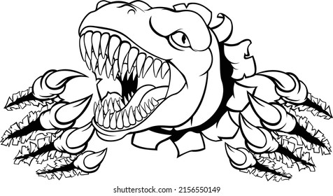 A Dinosaur T Rex Or Raptor Cartoon Animal Mascot Tearing Or Ripping Through The Background