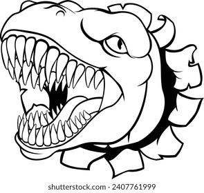 A dinosaur T Rex or raptor cartoon animal mascot tearing or ripping through the background