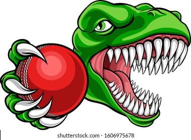 A dinosaur T Rex or raptor cricket player cartoon animal sports mascot holding a ball in its claw