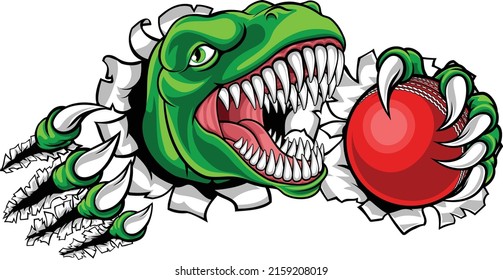 A dinosaur T Rex or raptor cricket player cartoon animal sports mascot holding a ball in its claw