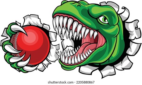 A Dinosaur T Rex Or Raptor Cricket Player Cartoon Animal Sports Mascot Holding A Ball In Its Claw