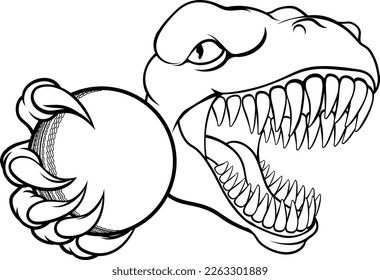 A dinosaur T Rex or raptor cricket player cartoon animal sports mascot holding a ball in its claw