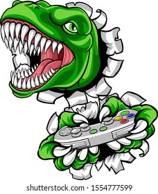 A dinosaur T Rex or raptor gamer player cartoon animal sports mascot holding a video game controller in its claw