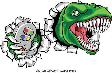 A Dinosaur T Rex Or Raptor Gamer Player Cartoon Animal Sports Mascot Holding A Video Game Controller In Its Claw