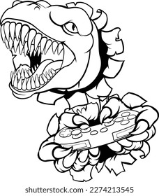 A dinosaur T Rex or raptor gamer player cartoon animal sports mascot holding a video game controller in its claw