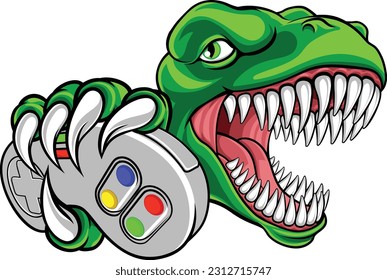 A dinosaur T Rex or raptor gamer player cartoon animal sports mascot holding a video game controller in its claw