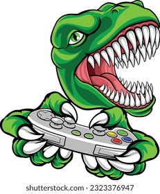 Ein Dinosaurier-Cartoon T Rex oder ein Rapptor-Gamer-Spieler-Maskottchen mit einem Videospiel-Controller in seiner Kralle