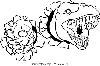 A dinosaur T Rex or raptor gamer player cartoon animal sports mascot holding a video game controller in its claw