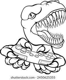 A dinosaur T Rex or raptor gamer player cartoon animal sports mascot holding a video game controller in its claw