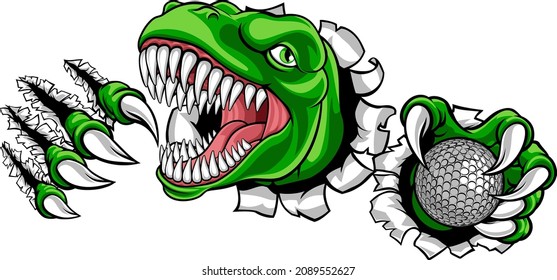 A dinosaur T Rex or raptor golf player cartoon animal sports mascot holding a ball in its claw