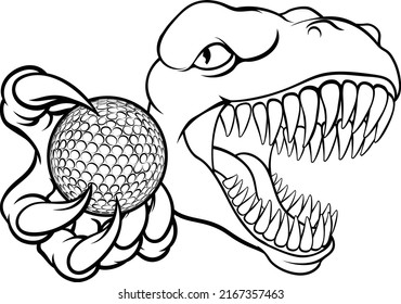 A dinosaur T Rex or raptor golf player cartoon animal sports mascot holding a ball in its claw