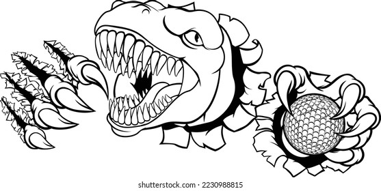 A dinosaur T Rex or raptor golf player cartoon animal sports mascot holding a ball in its claw