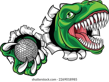 A dinosaur T Rex or raptor golf player cartoon animal sports mascot holding a ball in its claw