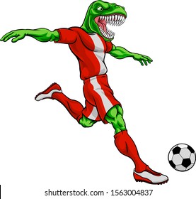 A dinosaur T Rex or raptor soccer football player cartoon animal sports mascot kicking the ball