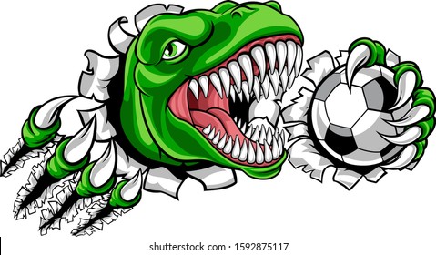 A dinosaur T Rex or raptor soccer football player cartoon animal sports mascot holding a ball in its claw