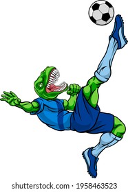 A dinosaur T Rex or raptor soccer football player cartoon animal sports mascot kicking the ball