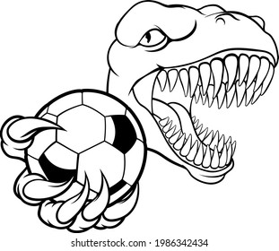 A Dinosaur T Rex Or Raptor Soccer Football Player Cartoon Animal Sports Mascot Holding A Ball In Its Claw